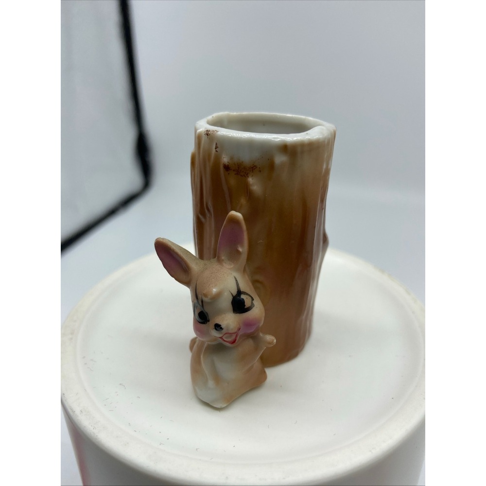 Vintage Toothpick Holder Bunny Rabbit Tree Trunk Anthropomorphic Japan Unbranded